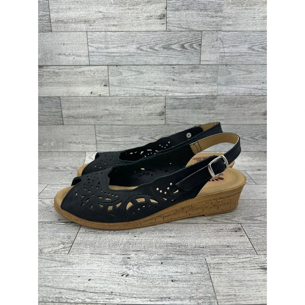 Spring Step Women Black Leather Perforated Slingback Wedge Sandals Size 41‎